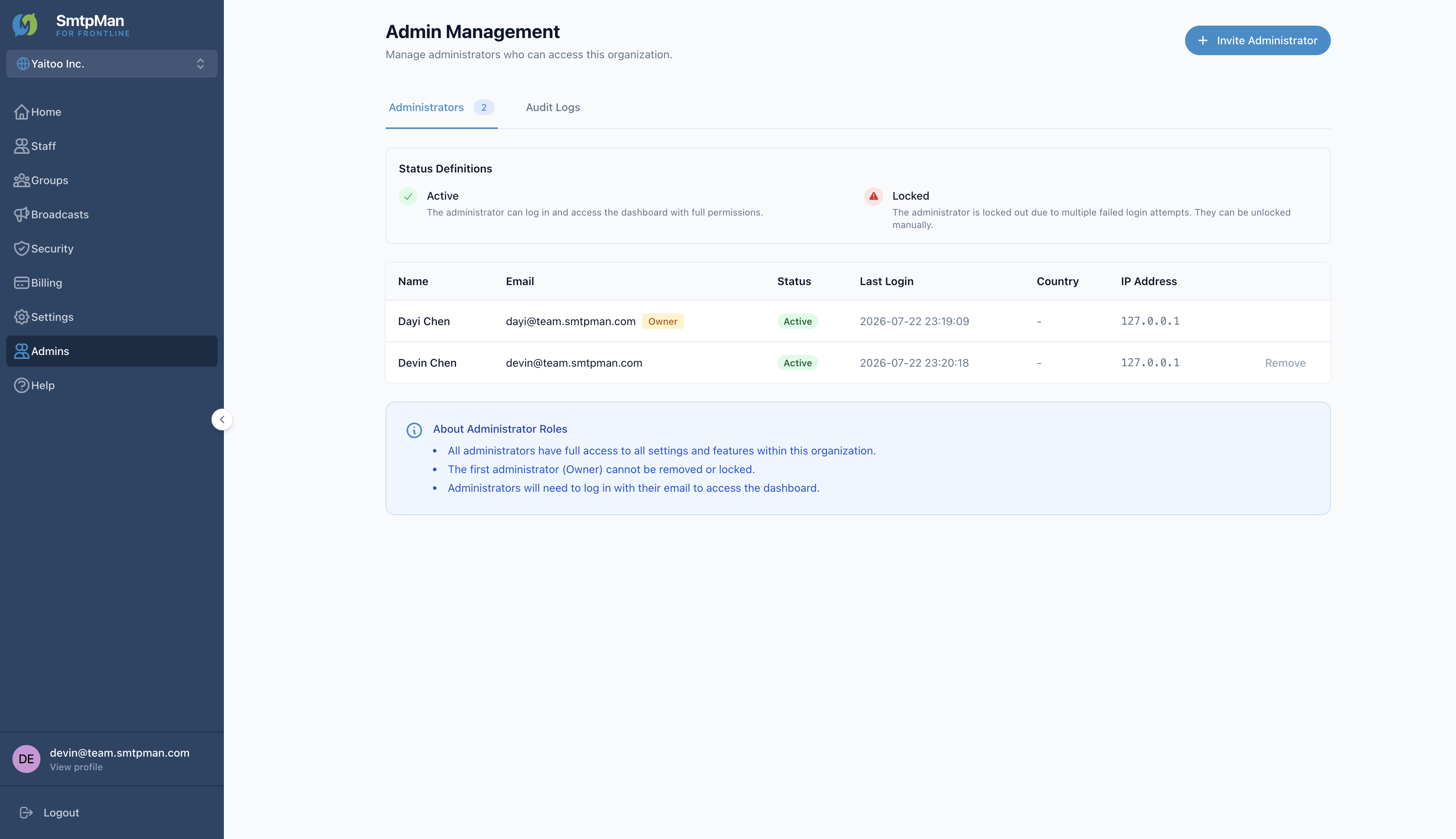 Admin Management list with Owner badge, Active status, and Remove action