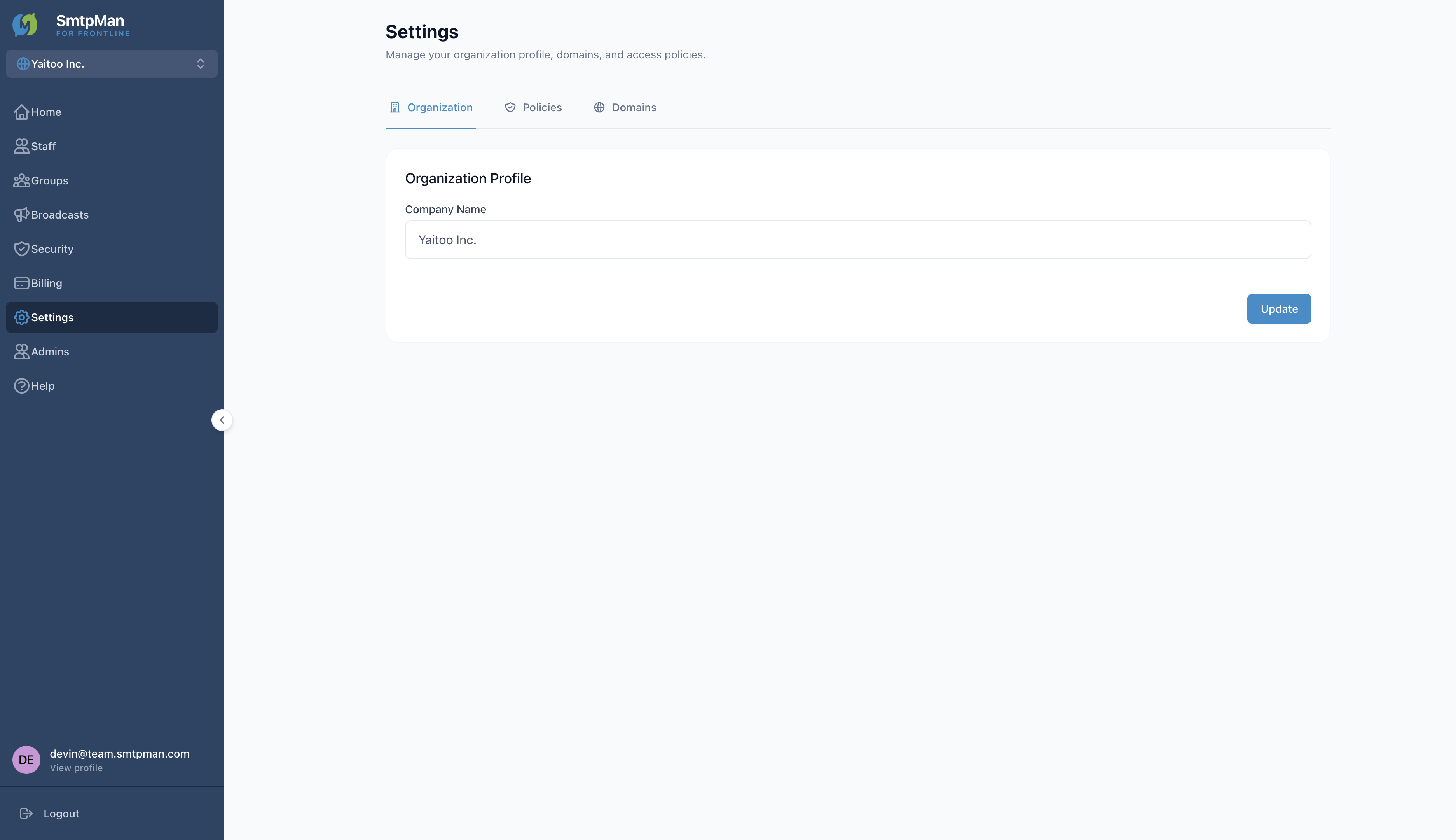 Settings Organization tab showing Company Name field