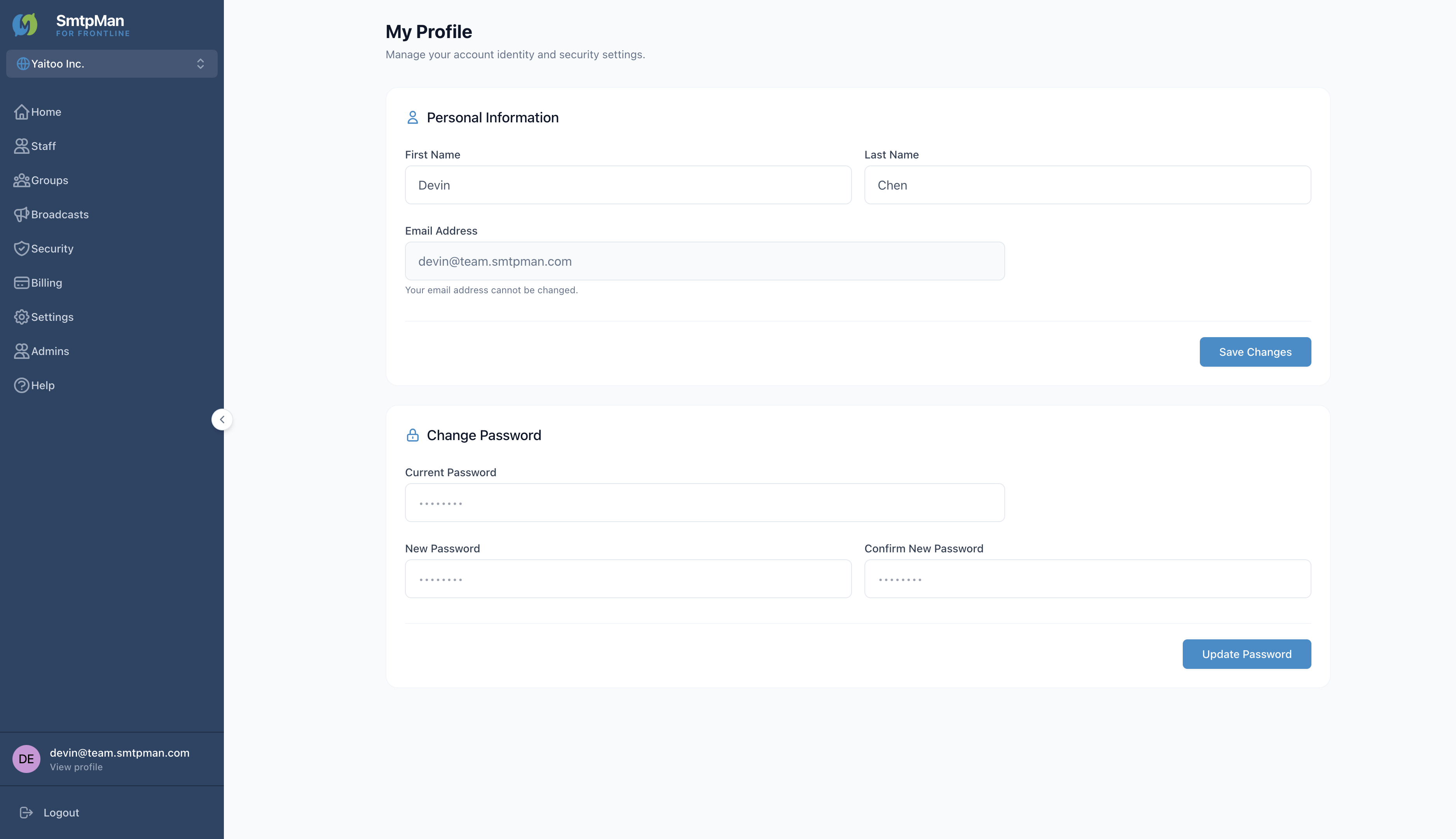 My Profile page in the SmtpMan dashboard showing Personal Information and Change Password