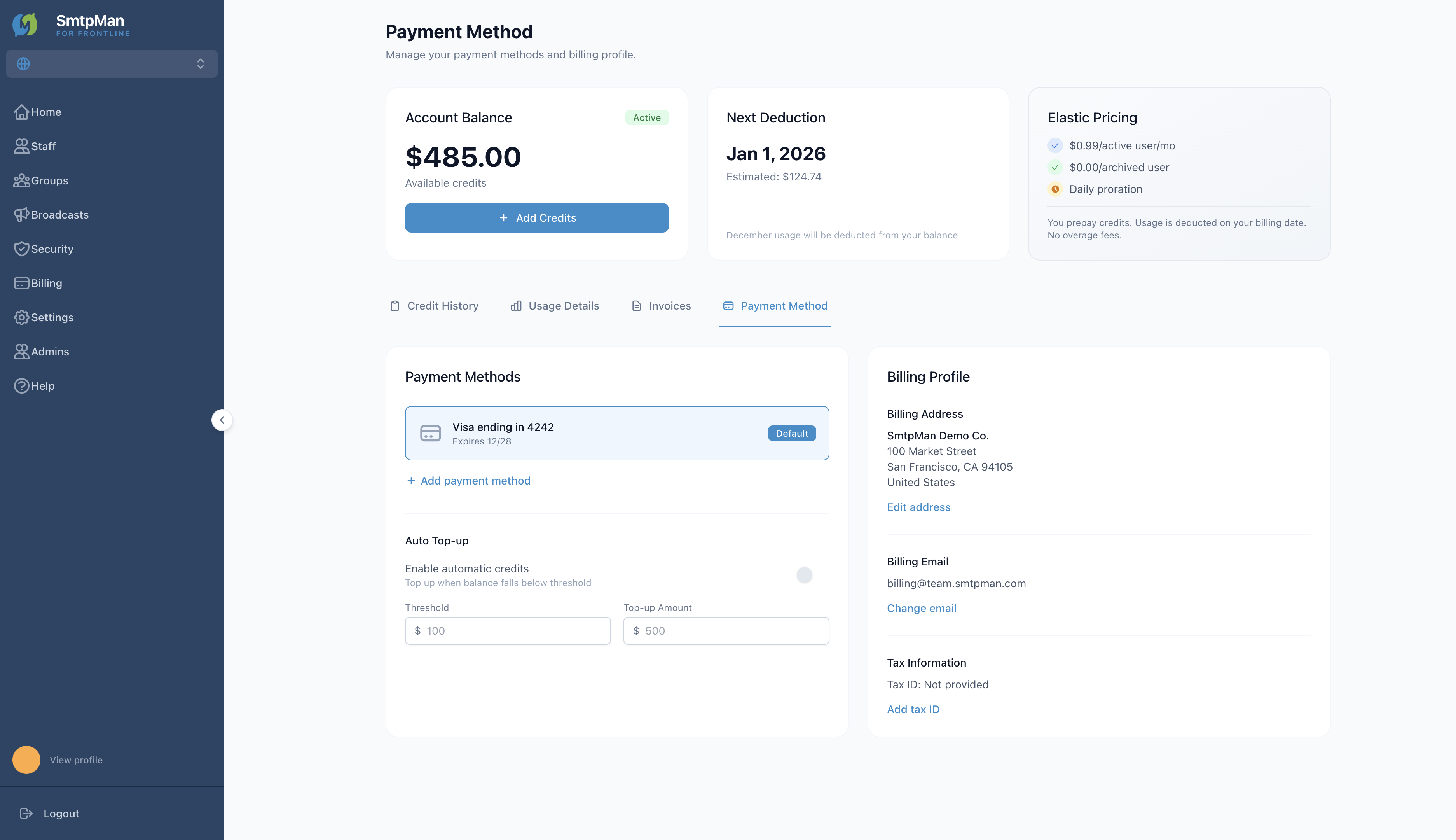 Payment Method tab with card on file, Auto Top-up, and Billing Profile