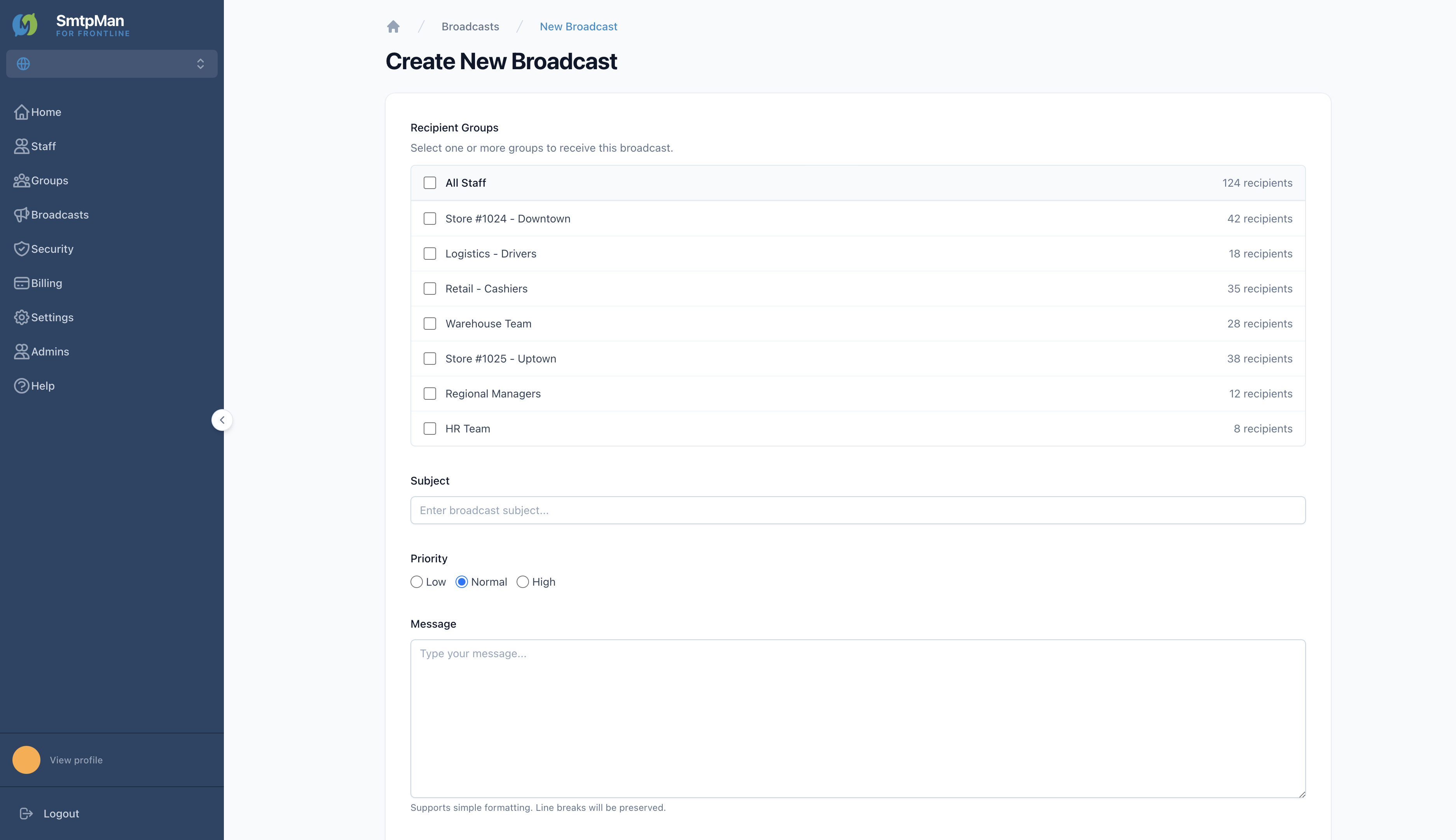Create New Broadcast form with Recipient Groups, Subject, Priority, and Message