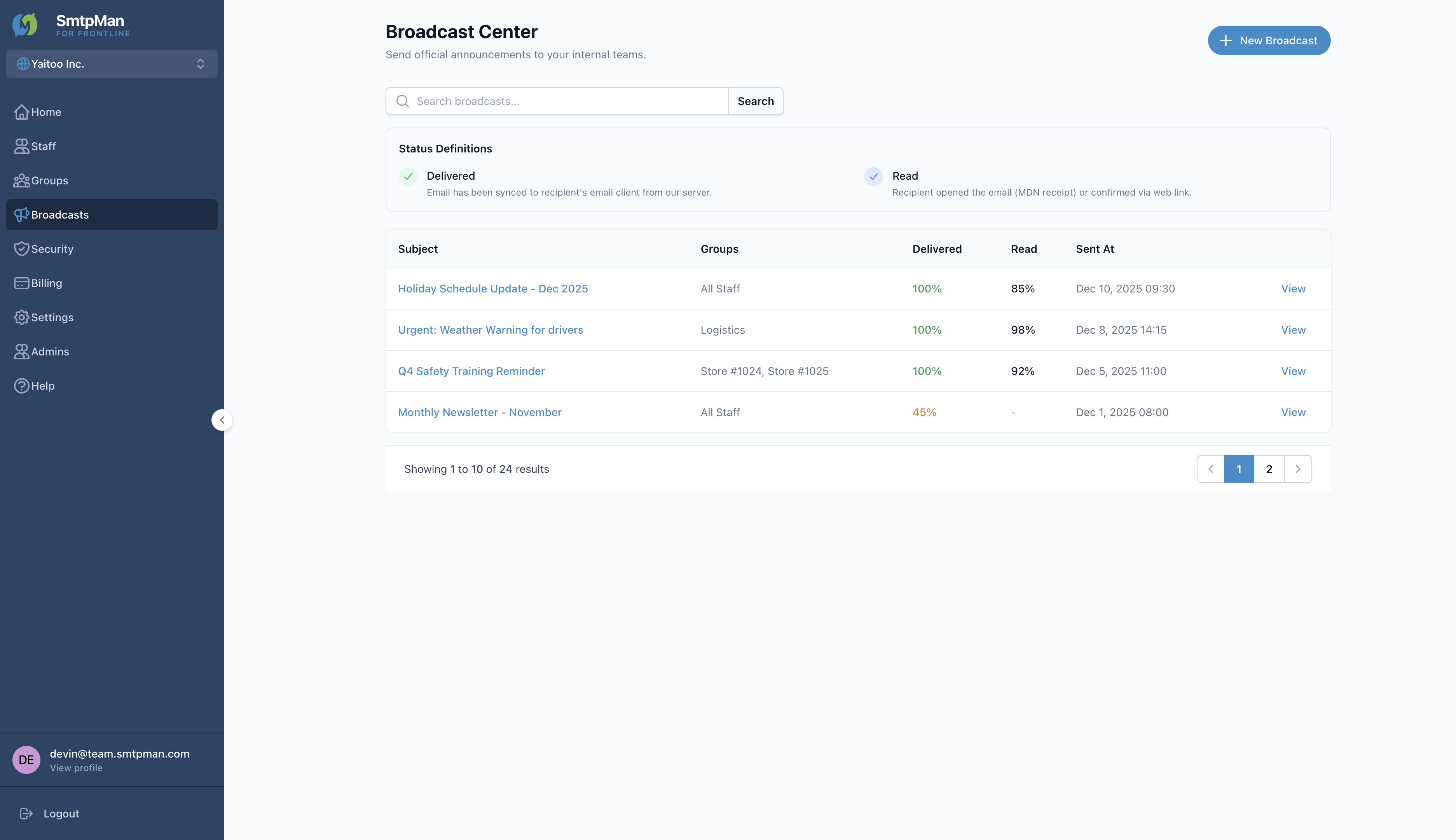 Broadcast Center list with Delivered and Read status definitions