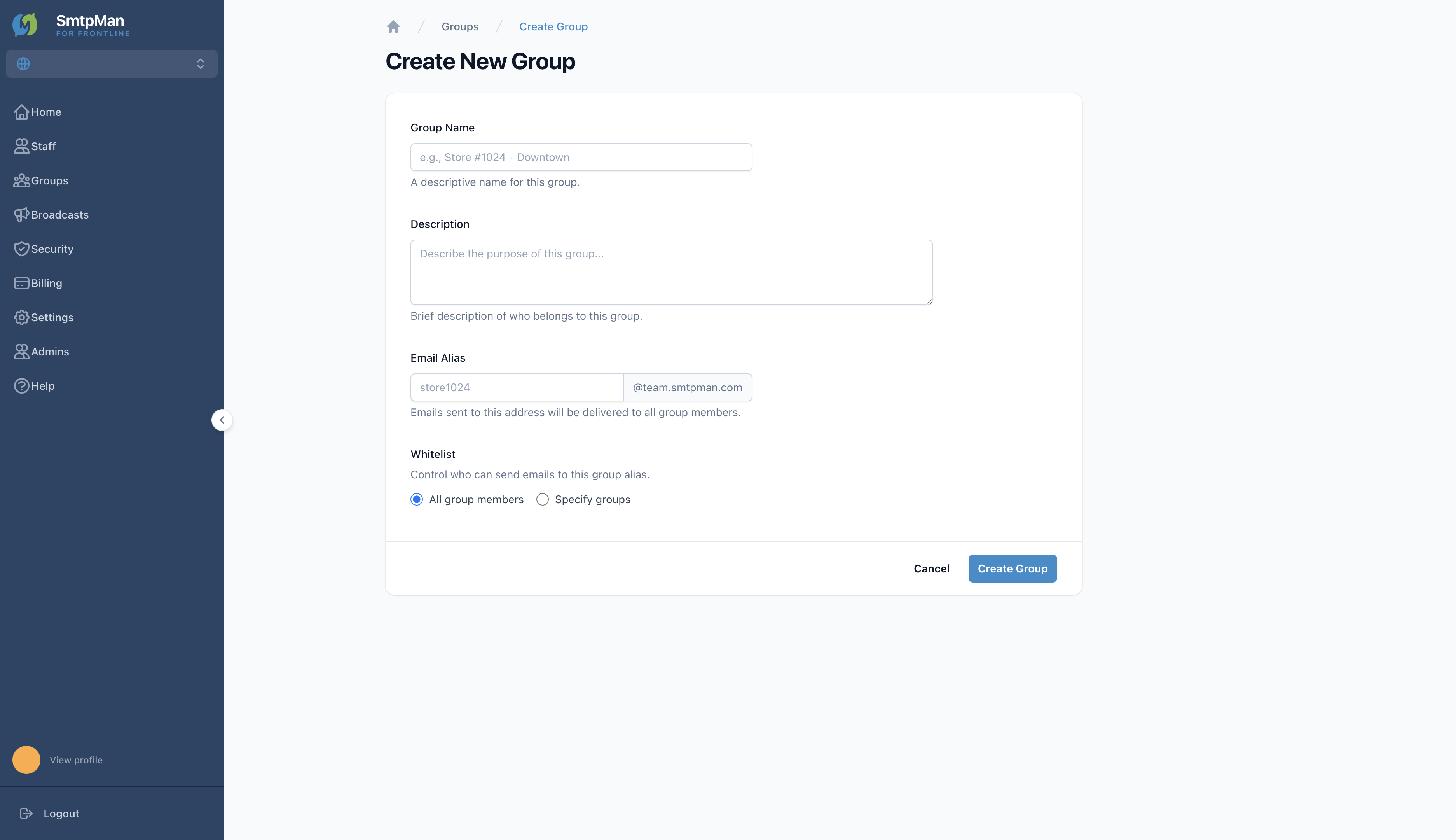 Create New Group form with Group Name, Description, Email Alias, and Whitelist