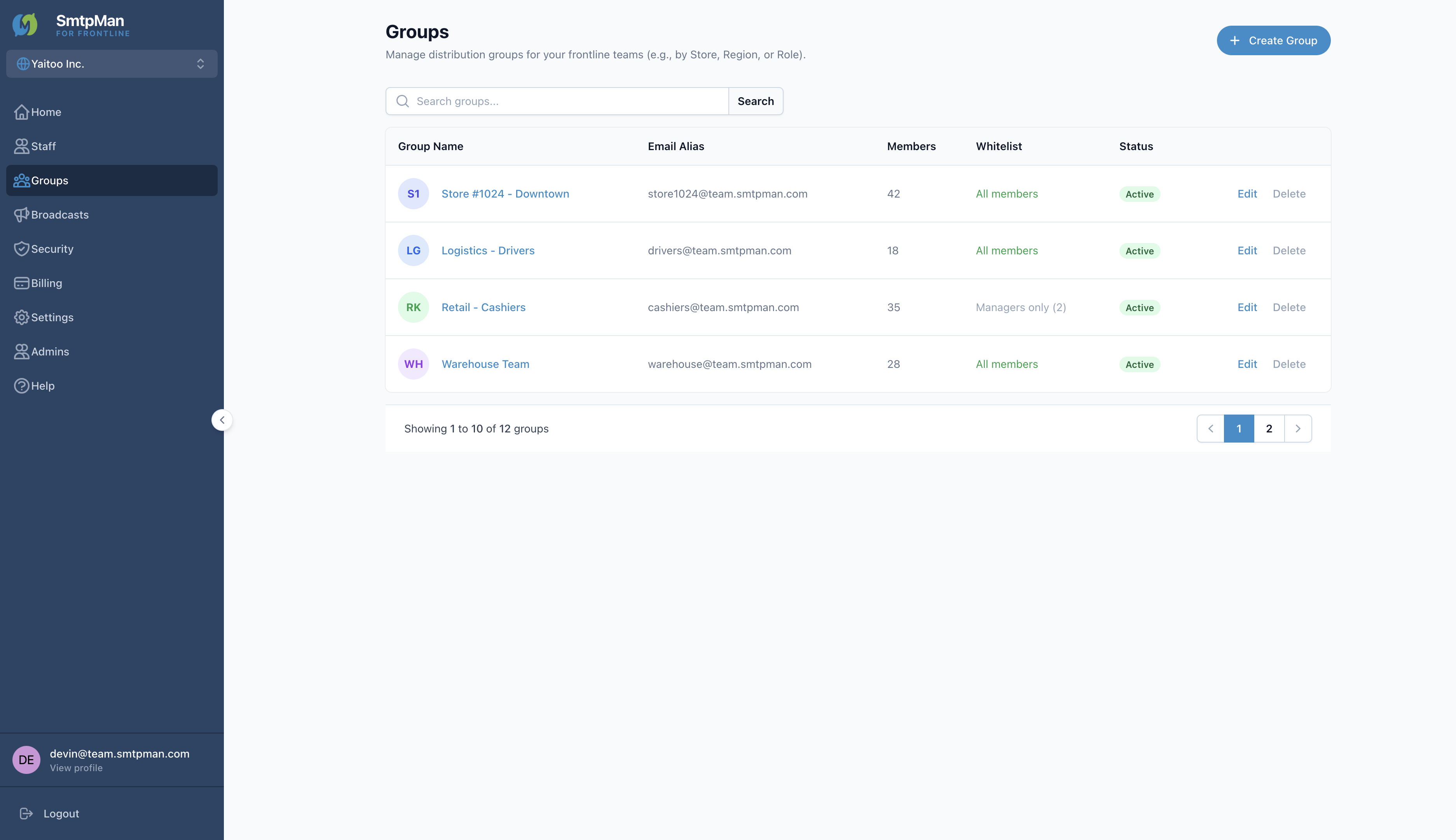 Groups list with Email Alias, Members, Whitelist, and Create Group