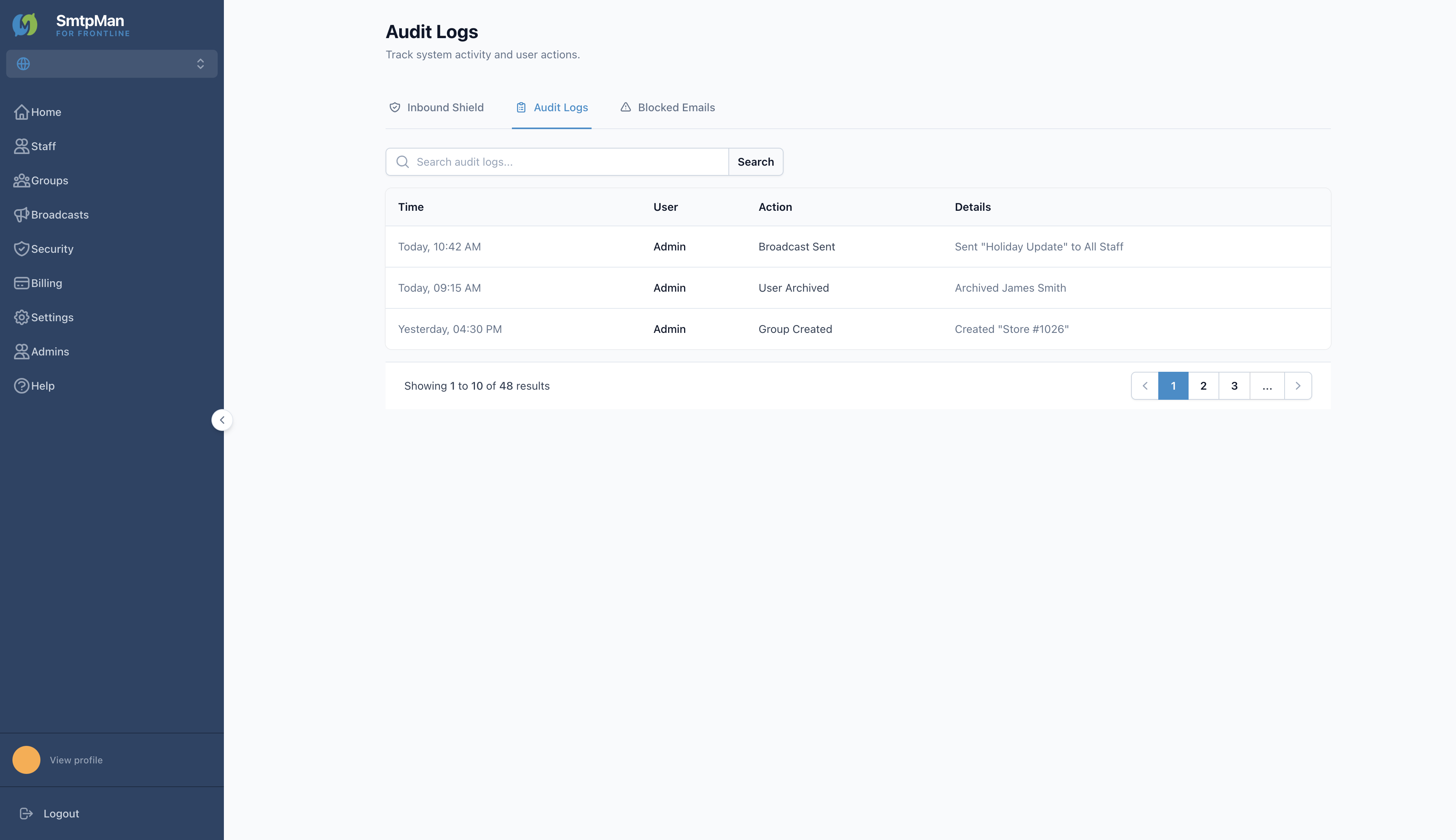 Audit Logs table showing Time, User, Action, and Details
