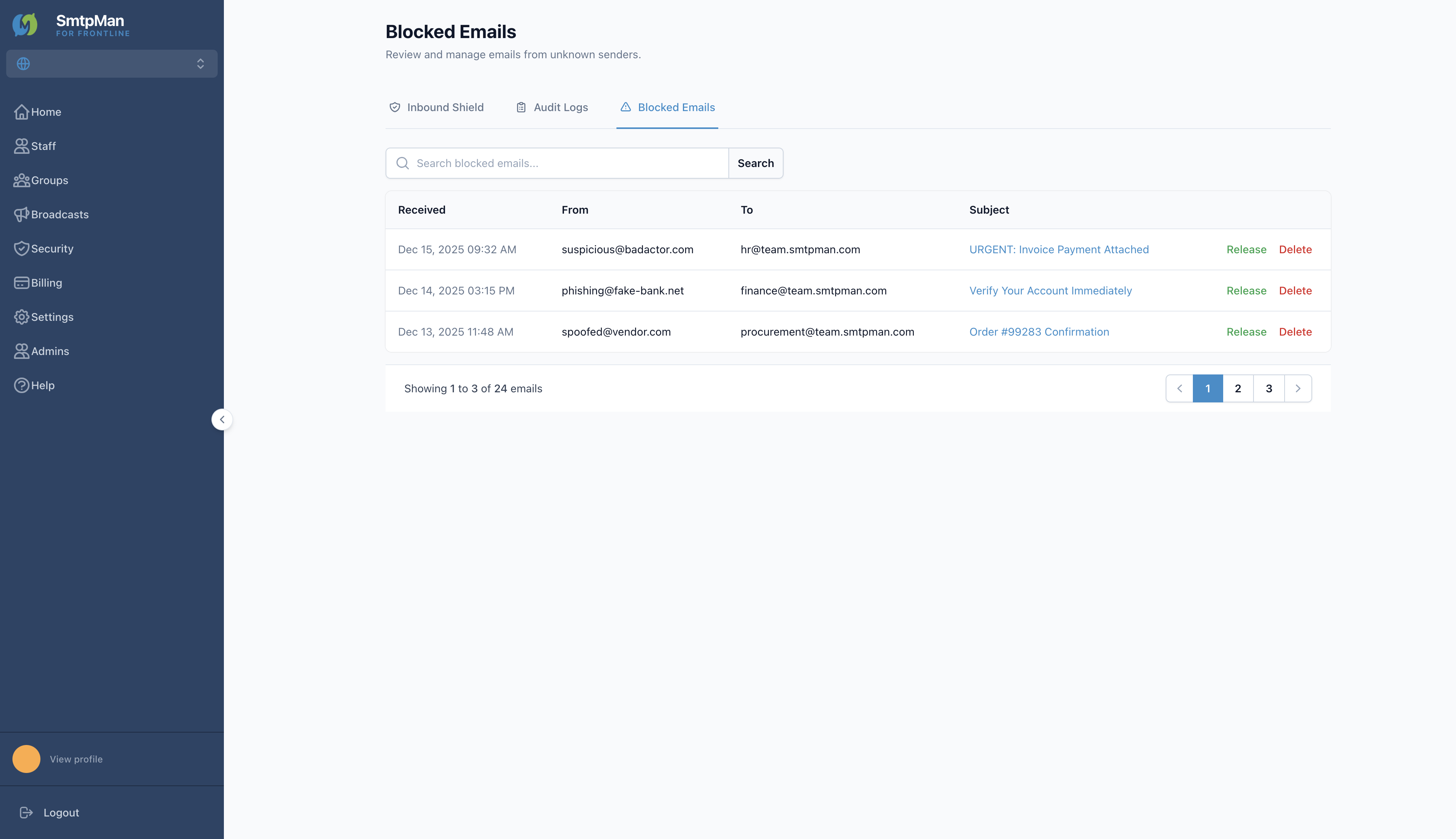 Blocked Emails list with Release and Delete actions