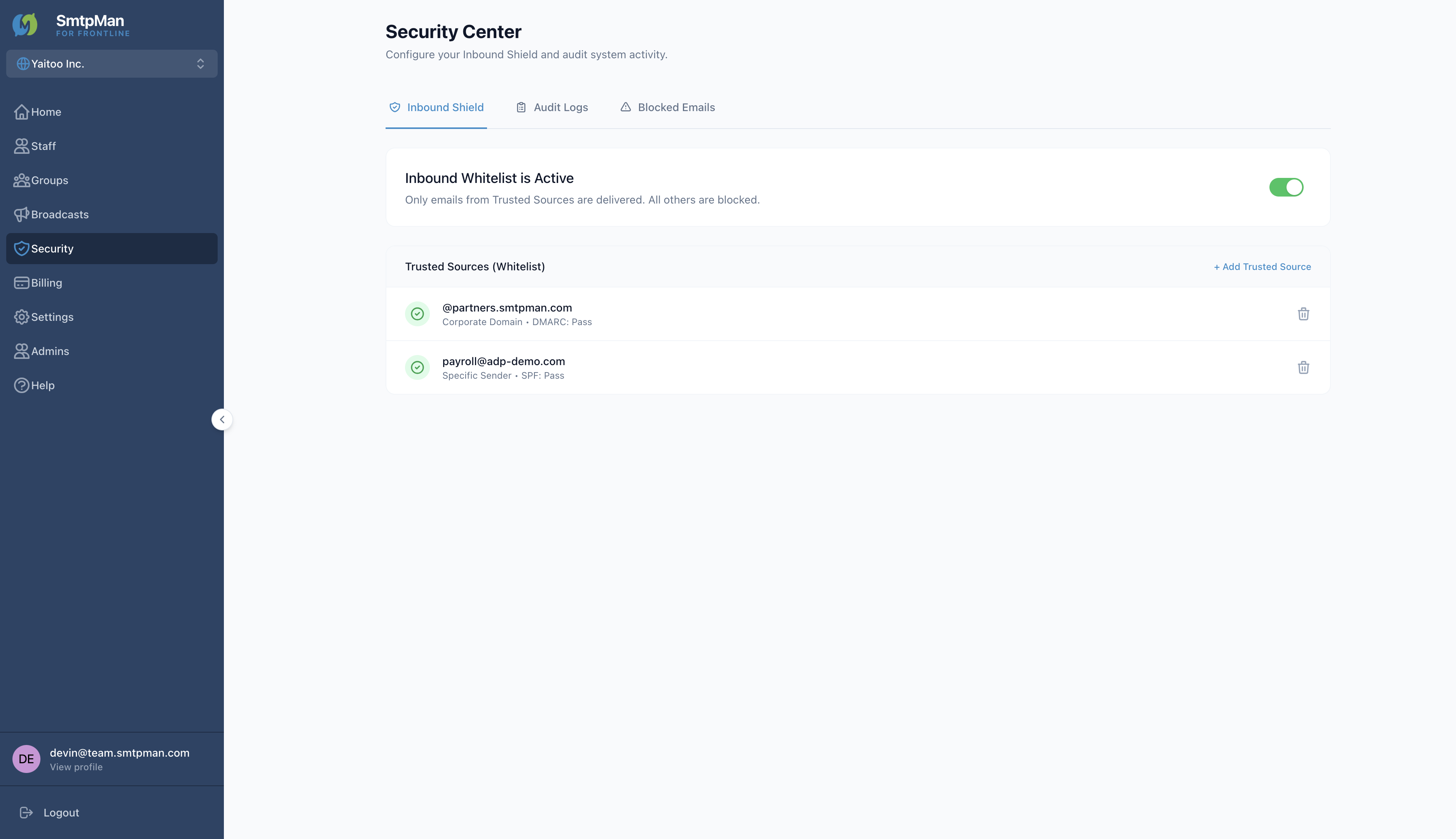 Security Center Inbound Shield with Trusted Sources whitelist