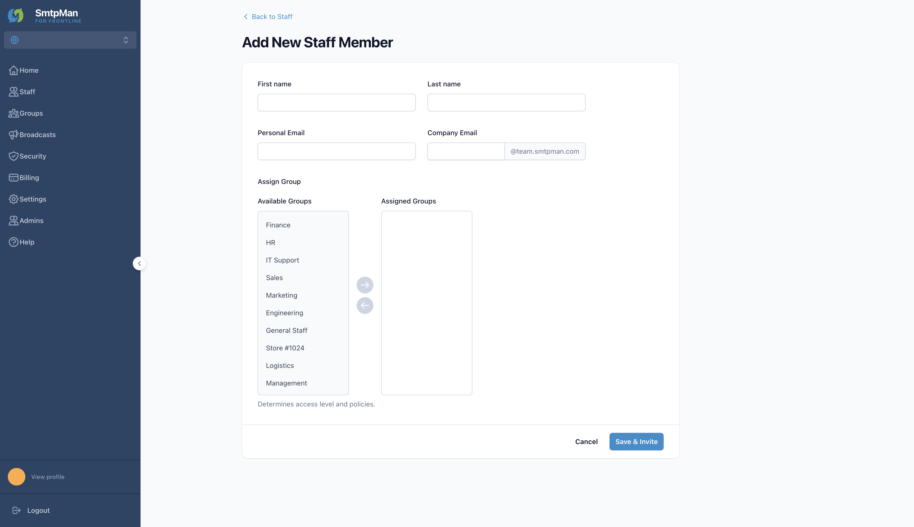 Add New Staff Member form with emails and Assign Group